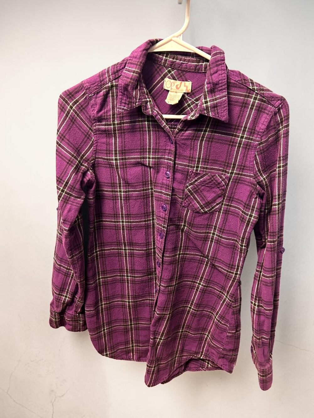 Ocean Pacific OP Flannel Shirt Cabincore Granola Girl Purple Plaid Juniors Sz M